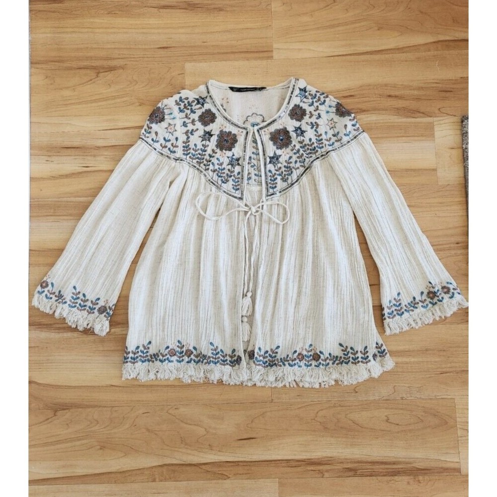 Zara Trafaluc Womens Beige Cardigan Sz S Sequined Embroidered Boho Tie Fringe